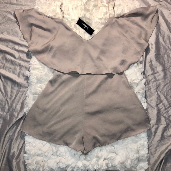 New LuLu Daily Soiree Taupe Off-Shoulder Romper - Picture 3 of 4